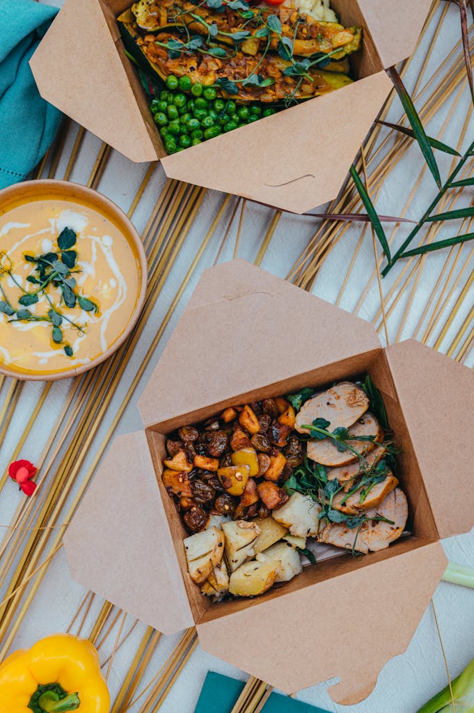 Food From a Restaurant Served in Boxes